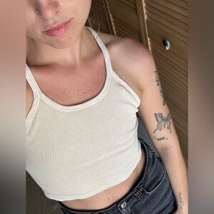 Free People FP Movement Happiness Runs Long Crop Tank in Cream, Size XS/Small